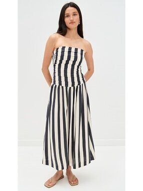 MOON RIVER Women's Striped Strapless Midi Dress Size L in Navy/White